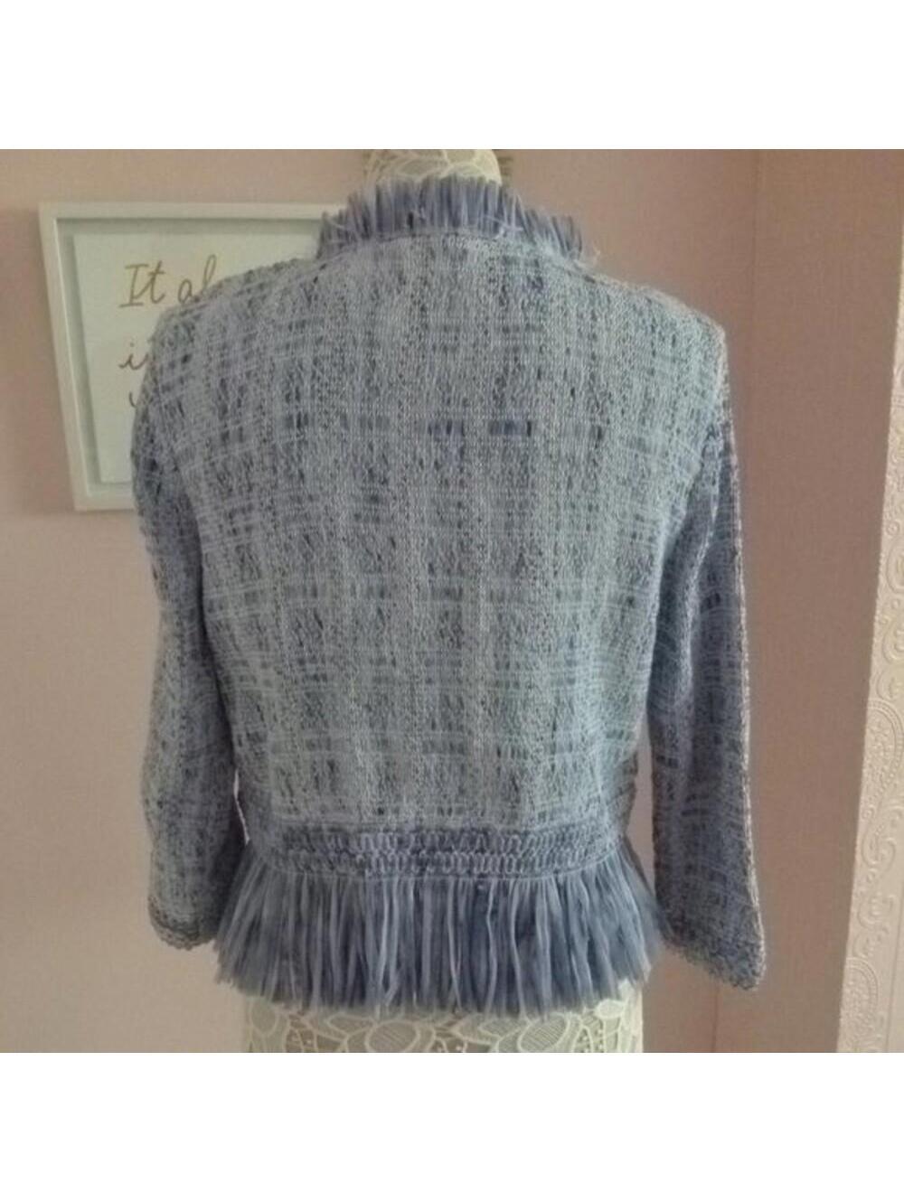 White House Black Market Fringe Sweater Jacket baby blue white Small - Picture 7 of 9